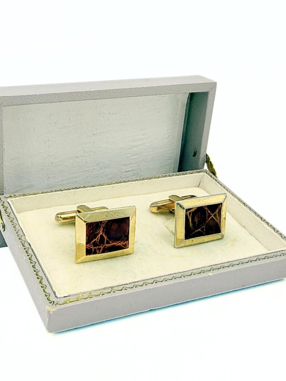 Hickok Signed MCM Brown Crocodile skin Leather Gold Plate Cufflinks
